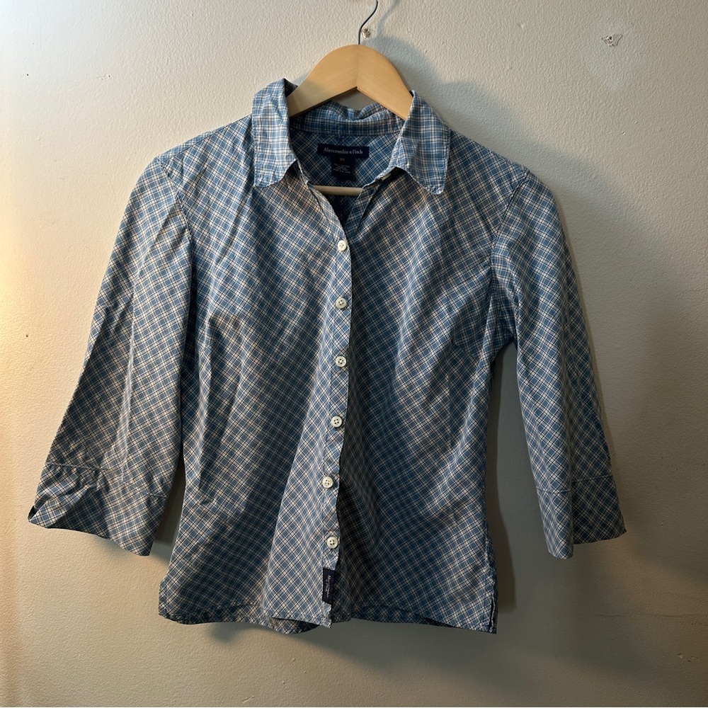 Abercrombie & Fitch Women's 3/4 Sleeve Button-Up Shirt Blue Geometric Plaid Sz M